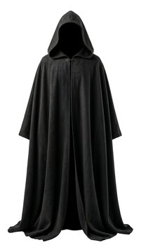 Mysterious black hooded cloak or cape on transparent background
