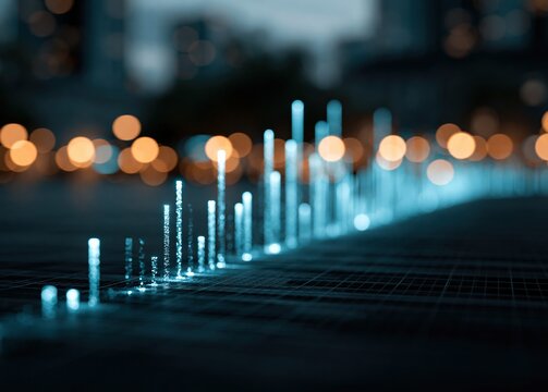 Abstract 3D render featuring glowing blue bar charts composed of data particles on a dark grid patterned surface.
