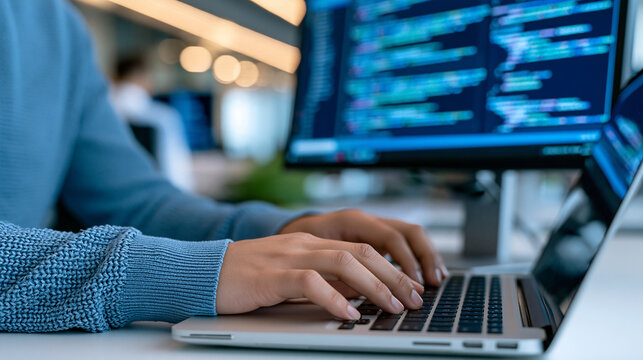 Close-up of anonymous software engineer hands typing source code on a laptop beside a desktop monitor displaying database scripts, modern office workspace, software development,