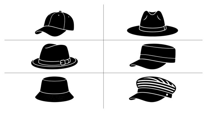 Set of men's hats with baseball cap, fedora, bucket hat, and cap for fashion and style