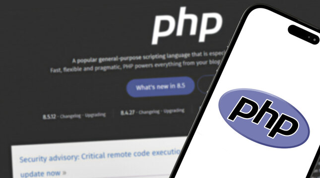 PHP Programming Language Logo on Smartphone with Software Website in Background