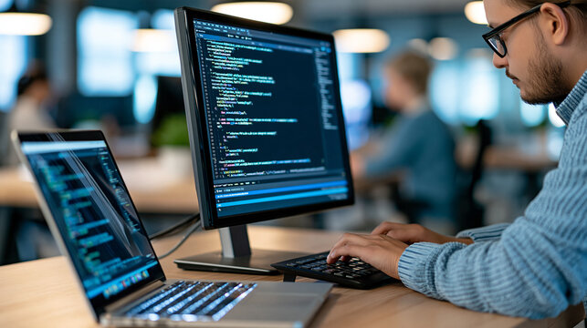 Close-up of a computer monitor showing backend source code and SQL database queries beside an open laptop, anonymous developer working in a busy technology office, software