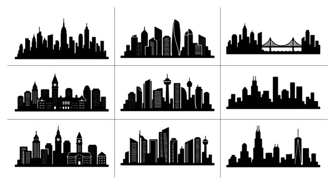City skylines silhouettes set with skyscrapers and bridges for urban design