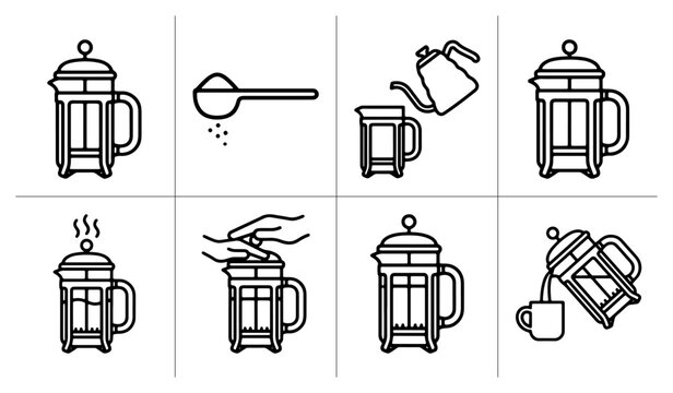 French press coffee maker instructions set with brewing steps and pouring