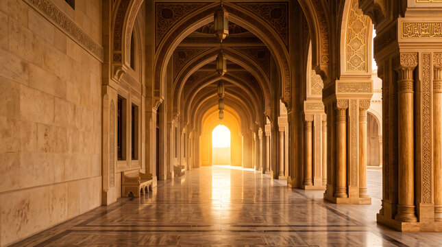 Ornate Islamic Arched Corridor with Golden Sunlight and Hanging Lanterns, Mosque Architecture
