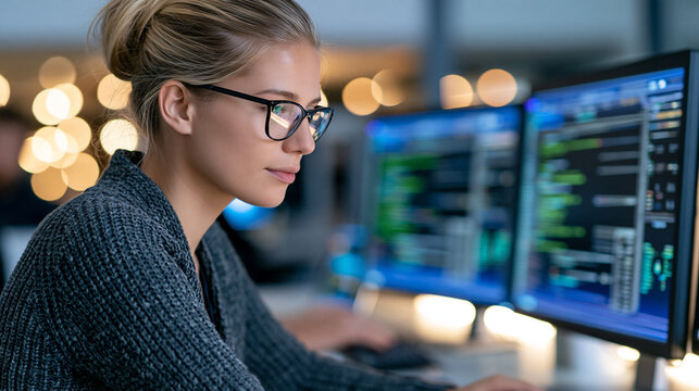 Female software developer focused on writing code across multiple illuminated monitors in a dim modern office, colorful syntax highlighting, late night coding session, programming