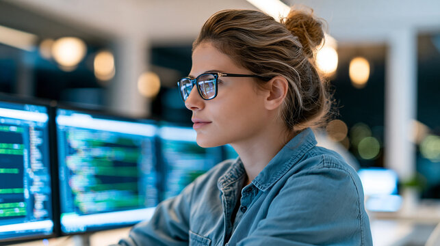 Female software developer focused on writing code across multiple illuminated monitors in a dim modern office, colorful syntax highlighting, late night coding session, programming