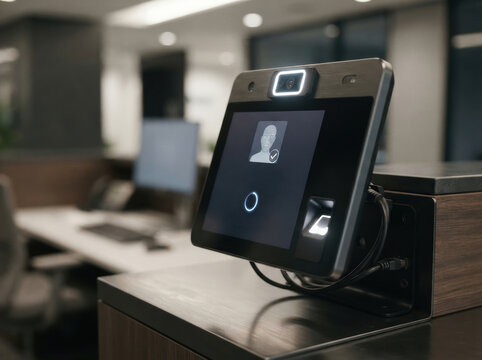 passwordless identity verification Facial recognition device installed on a desk in an office environment.