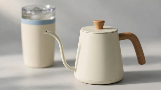 Cream gooseneck kettle with wooden handle and matching tumbler on a neutral minimalist tabletop surface