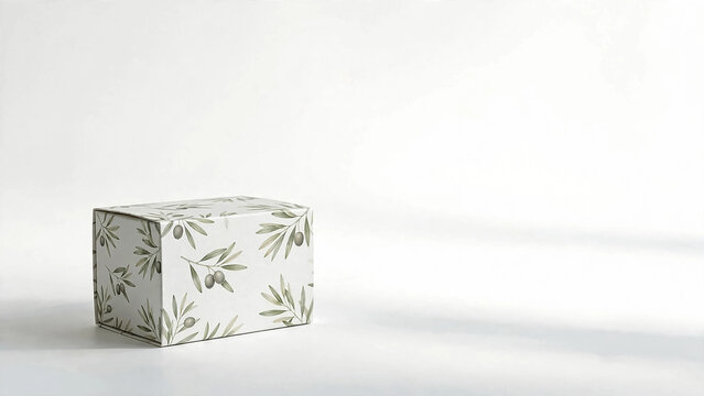Decorative gift box with botanical pattern on white background for holiday or special occasion