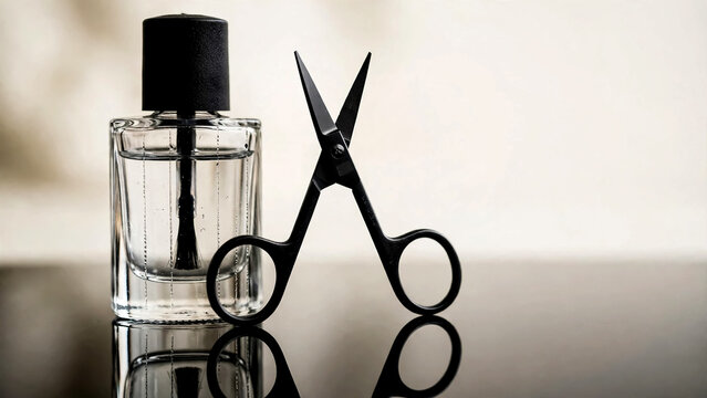 Nail polish bottle and scissors on reflective surface with neutral background