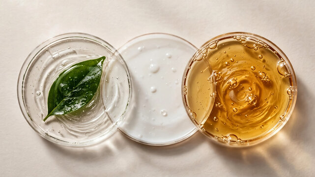 Three glass bowls with natural oils and liquids on white surface