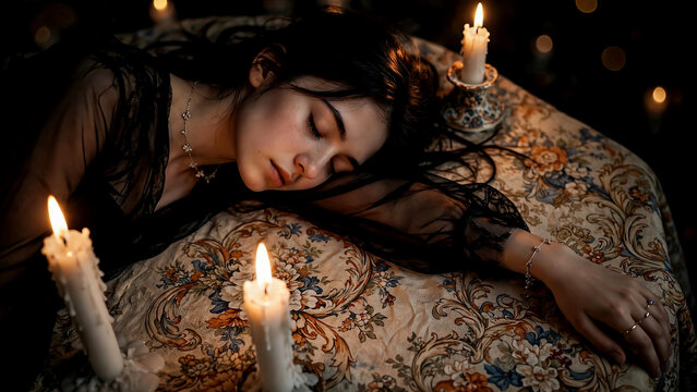 Young woman sleeping peacefully on floral patterned table surrounded by glowing white wax candles