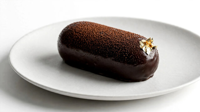Glazed chocolate mousse cake with gold leaf garnish served on a simple white ceramic plate