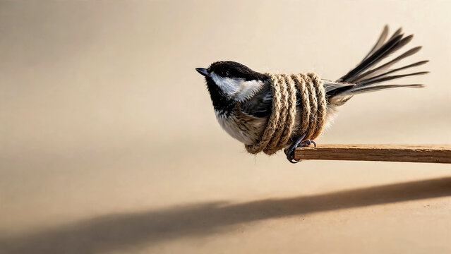 Black capped chickadee bird wrapped in brown twine rope perched on a wooden stick edge