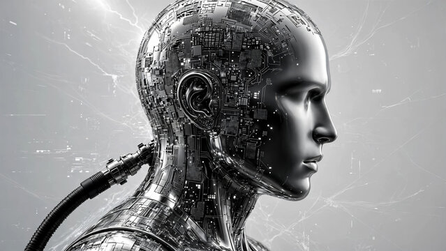 Metallic android head with circuit board texture and connected cable on a bright grey background