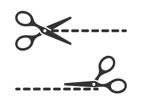 Scissors cut line icon set with open and closed scissor positions, dashed and dotted cutting paths, and coupon border