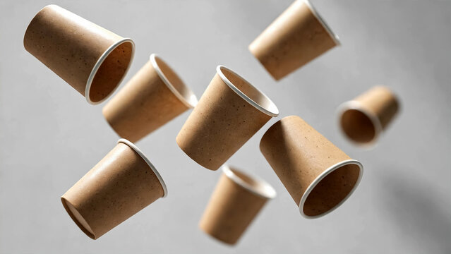 Falling paper coffee cups on gray background for beverage or takeaway design