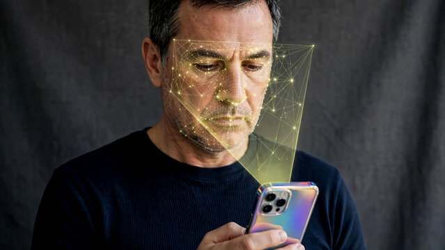 Man using smartphone with digital network overlay on dark background