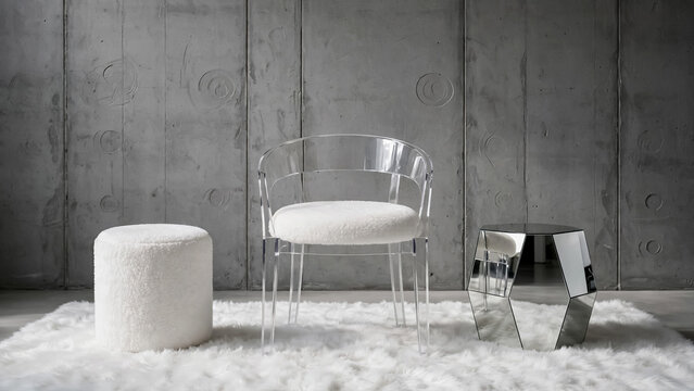 Modern transparent chair with white cushion and metallic side table on fluffy rug in minimalist room