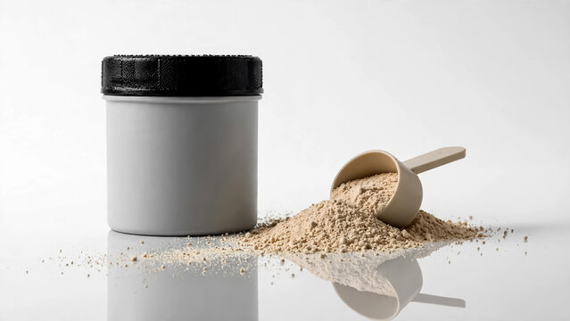 Protein powder container with scoop on white background for health and fitness products