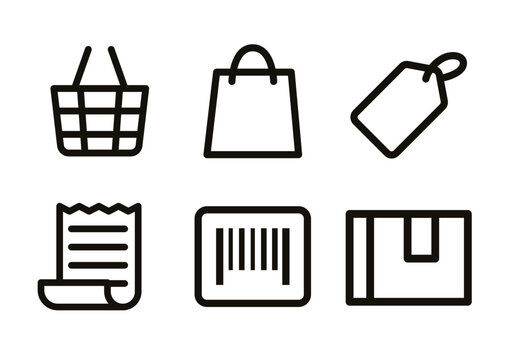 Black and white vector icon set featuring shopping and retail symbols for ecommerce websites, online stores, payment