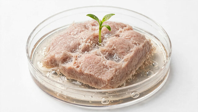 Cultured meat sample with small green sprout inside a glass petri dish on white background