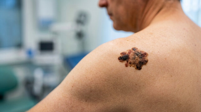 Close up of a mans shoulder with a suspicious mole medical check up concept