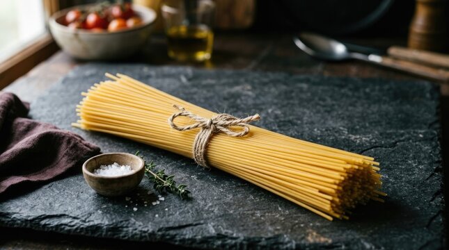 Bundle of Uncooked Spaghetti Pasta Tied with Rustic Twine on Dark Stone Kitchen Surface