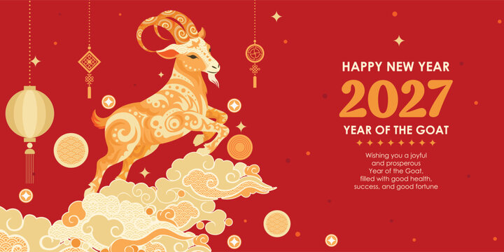 Happy Chinese new year, Year of the goat zodiac 2027 , modern flat design with goat, cloud, lamps. beautiful gold and red color background
