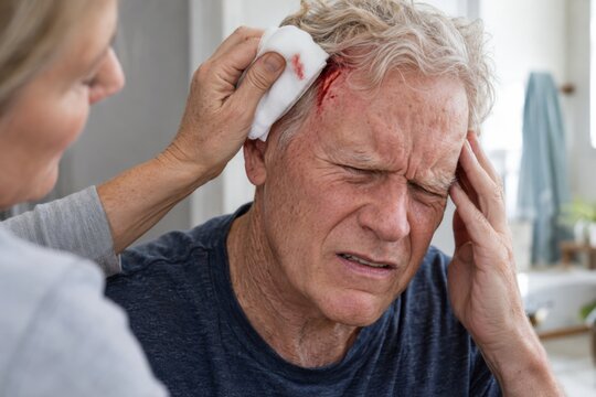 Senior man with head injury receiving first aid as woman presses gauze to bleeding scalp wound