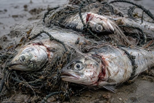 Dead fish tangled in abandoned fishing net on muddy shore, depicting bycatch and illegal fishing