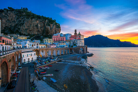 Atrani, Italy: Morning lights over cliff-hanging village on Amalfi Coast, Campania