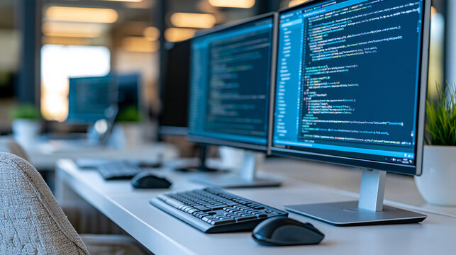 Developer workstation with several monitors showing source code, terminal windows and version control activity, ergonomic keyboard and minimalist desk, software engineering