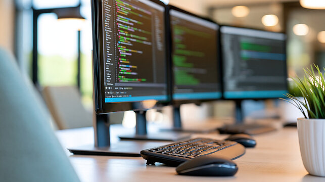 Developer workstation with several monitors showing source code, terminal windows and version control activity, ergonomic keyboard and minimalist desk, software engineering