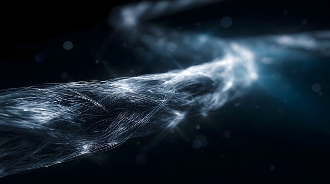 A luminous fiber optic cable glows with intricate strands against a dark background  conveying advanced digital connectivity