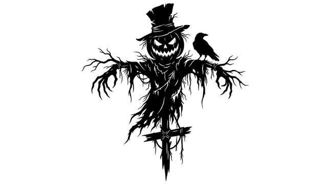 Scary jack o lantern scarecrow with crow isolated on transparent background silhouette