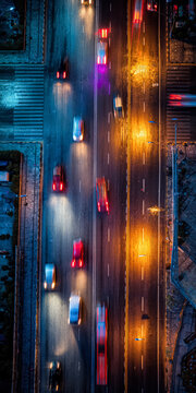 Aerial view of city traffic at night, showcasing vibrant light trails from moving vehicles. The long exposure technique creates dynamic streaks of light, highlighting the bustling urban environment.