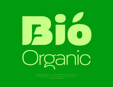 Vector Eco badge Bio Organic. Creative Green Stars. Typography Modern set of Fashion Alphabet Letters and Numbers.