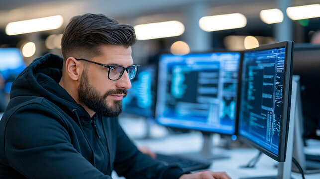 Software testing specialist checking a web application interface and database response logs on dual monitors, modern development office, quality assurance, application testing,