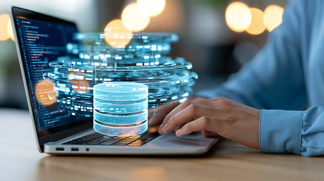 Database developer using a laptop with a glowing database symbol and layered digital architecture diagrams, structured query language, relational data systems, SQL development,