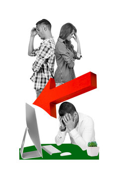 Vertical photo collage of upset business girl guy pc device monitor arrow down bankrupt problem recession isolated on painted background