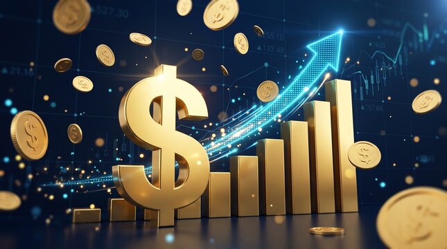 Golden dollar sign with rising bar chart and glowing arrow on dark background