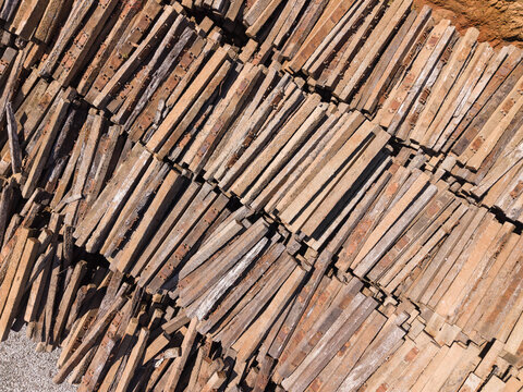 Aerial view of Old Wooden Train Railway Sleepers Stacked