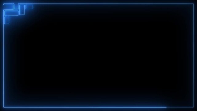 Abstract cyber digital user interface border with glowing blue neon geometric elements. blue neon glowing HUD frame design with tech rectangle pattern on black background.