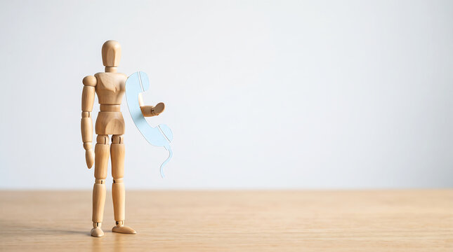 Marketing communication channel and customer support inquiry handling concept with wooden mannequin and blue telephone handset cutout and copy space for marketing agency website banner