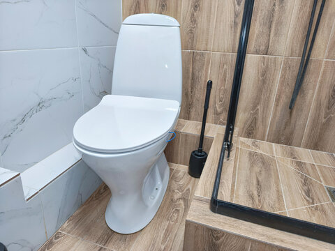 White toilet beside tiled walk-in shower in modern bathroom. Bathroom sanitation and personal hygiene. Household plumbing and washroom fixtures. Contemporary interior renovation