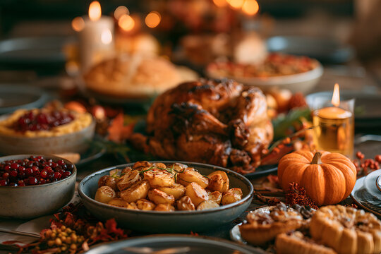 A festive table for the whole family with many dishes. Celebrating Thanksgiving Day. Generated by AI