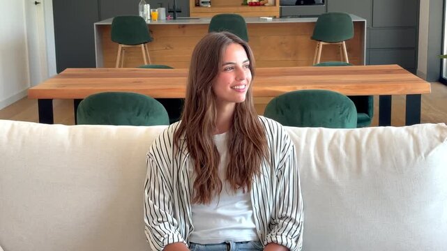 Smiling young woman sitting comfortably on a white couch at home, looking aside and enjoying peaceful moments in a bright modern interior with a dining area in the background