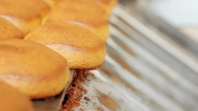 Sponge cakes metal baking tray close up. Golden pastry crumbs old food factory.